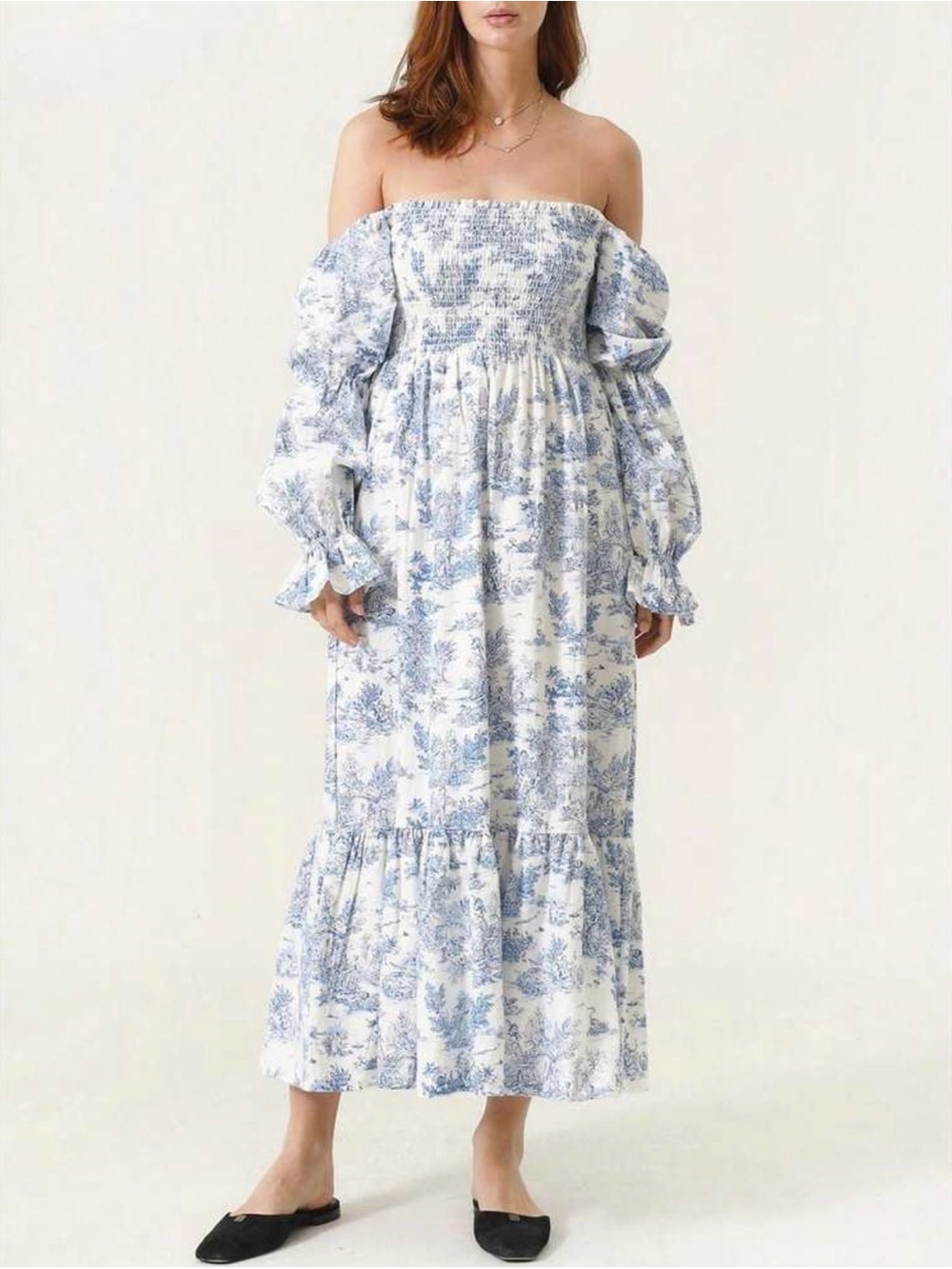 White and Light Blue Off-Shoulder Midi Dress